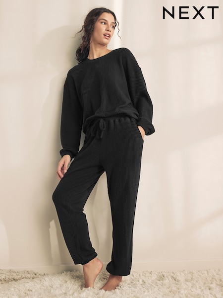 Black Cosy Waffle Long Sleeve Pyjamas (E89501) | €25