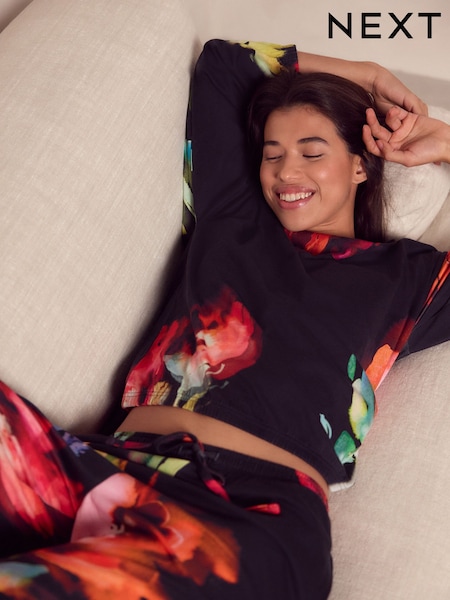 Black Floral 100% Cotton Long Sleeve Pyjamas (E89522) | ₪87