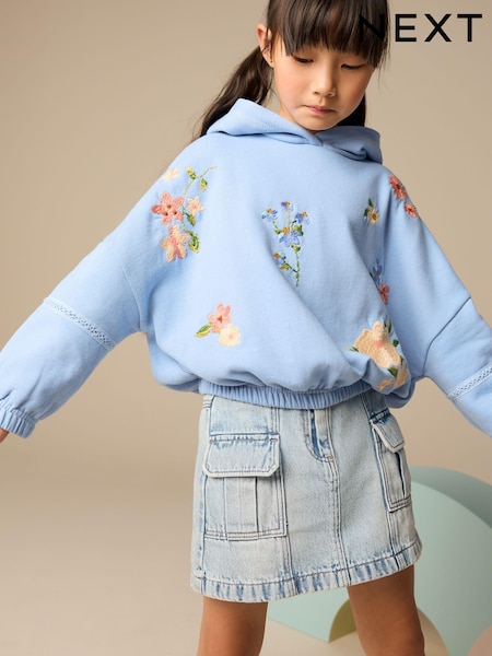 Blue Floral Print Embroidered Elasticated Hoodie (3-16yrs) (E89567) | AED63 - AED81