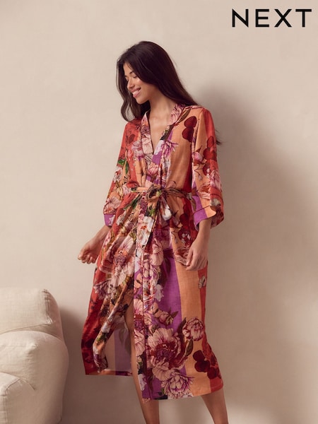 Розовая в цветочек - Linen Blend Lightweight Dressing Gown (E89599) | €53