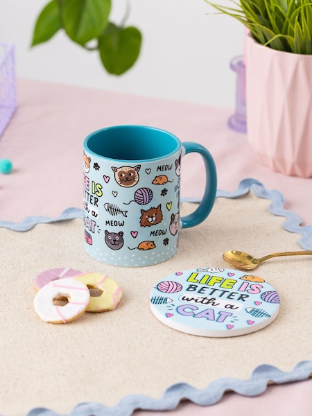 Sam Jayne Designs Life is better with a Cat Mug and Coaster Giftset (E89765) | ‏104 ر.ق.