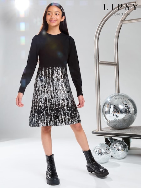 Lipsy Black Sequin 2-in-1 Party Dress (5-16yrs) (E89778) | AED170 - AED201