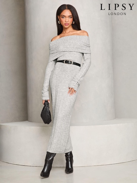 Lipsy Grey Petite Foldover Bardot Ribbed Knitted Jumper Dress (E89795) | €31