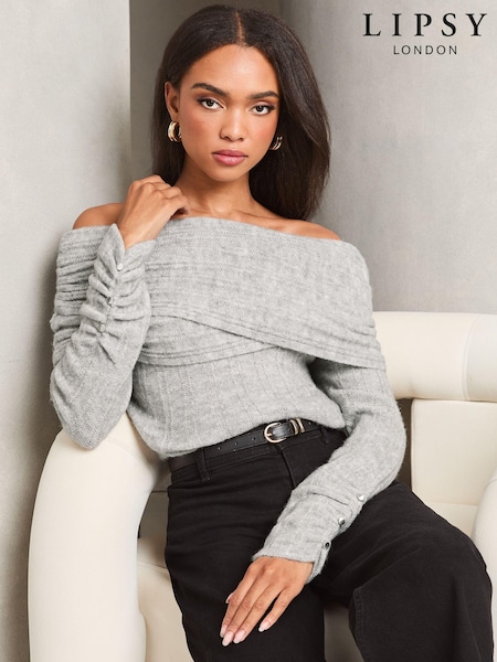 Lipsy Grey Foldover Bardot Ribbed Knitted Jumper (E89821) | €21
