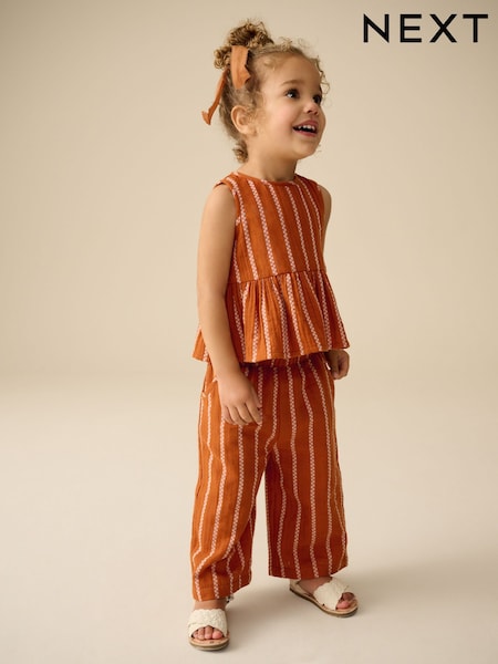Rust Orange Stripe 100% Cotton Blouse And Trousers Co-Ord Set (3mths-10yrs) (E89853) | €25 - €33