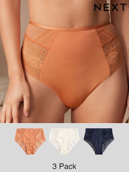 Orange/Cream/Navy High Rise High Leg Floral Lace Knickers 3 Pack (E89882) | €30