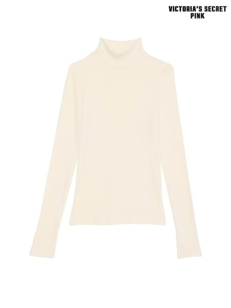 Victoria's Secret PINK White Shell Ribbed Mock Neck Long Sleeve T-Shirt (E89921) | €40