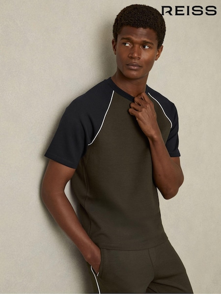 Reiss Forest Green/Navy Blue Carins Interlock-Jersey Colour-Block T-Shirt (E89960) | €113