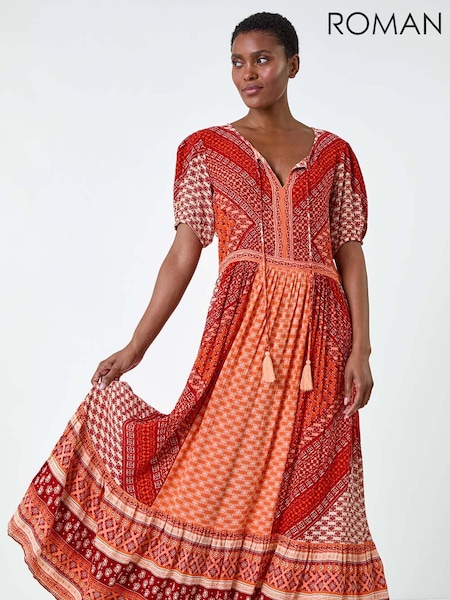 Roman Orange Stripe Border Print Crinkle Maxi Dress (E90030) | 2,884 UAH