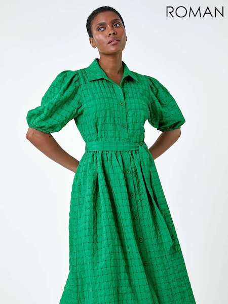 Roman Green Textured Puff Sleeve Midi Shirt Dress (E90039) | €38