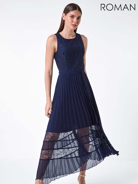 Roman Pleated Lace Detail Midi Dress (E90051) | 391 LEI