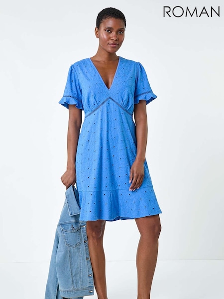 Roman Embroidered 100% Cotton Stretch Jersey Frill Dress (E90055) | 313 LEI