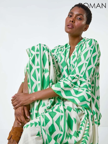 Roman Green Print Tiered Midi Smock Dress (E90059) | €60