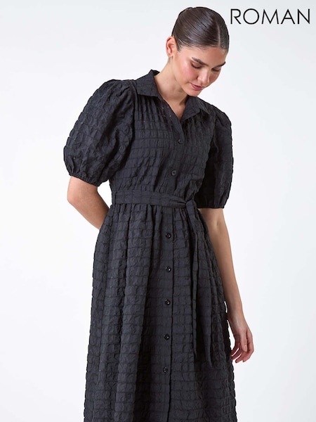 Black - Roman Textured Puff Sleeve Midi Shirt Dress (E90064) | € 35