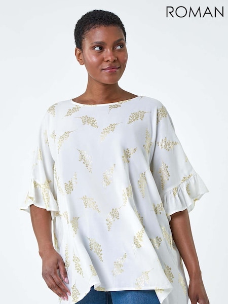 Roman White Metallic Foil Floral Button Back Top (E90069) | €24