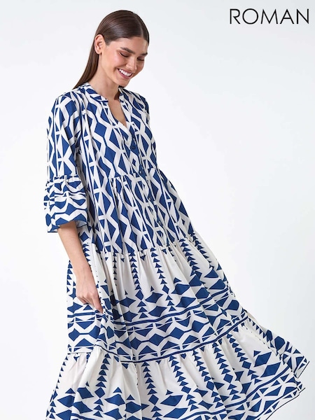 Roman Blue Geometric Print Tiered Midi Smock Dress (E90070) | €60