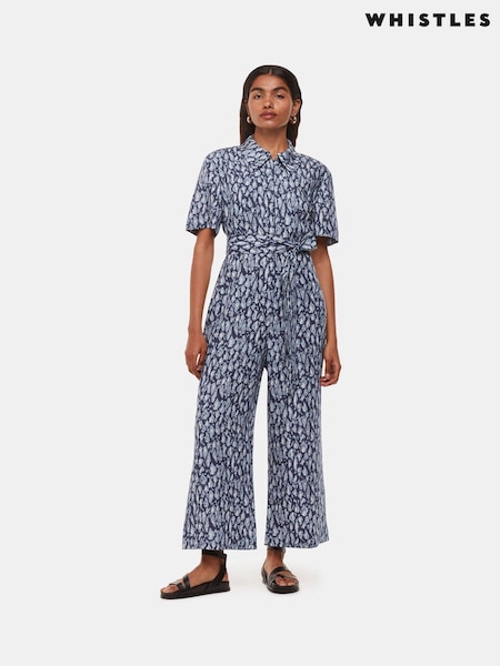 Whistles Blue Flaming Leopard Print Jumpsuit with Linen (E90079) | €89