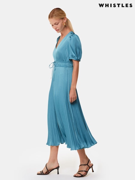 Whistles Blue Delilah Satin Pleat Dress (E90088) | €305