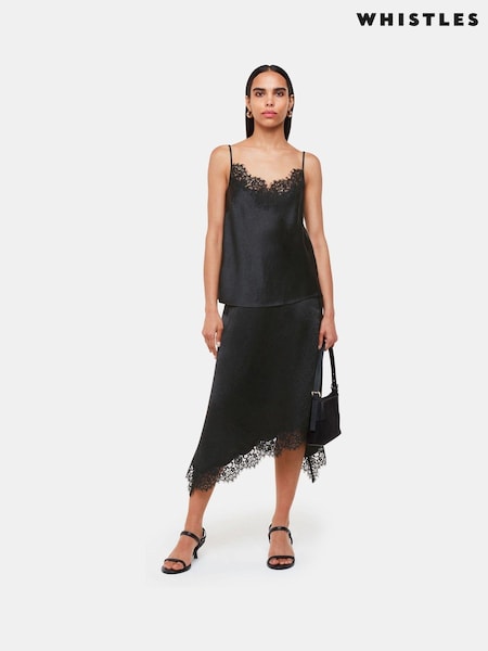 Whistles Lace Trim Midi Black Skirt (E90092) | 497 LEI