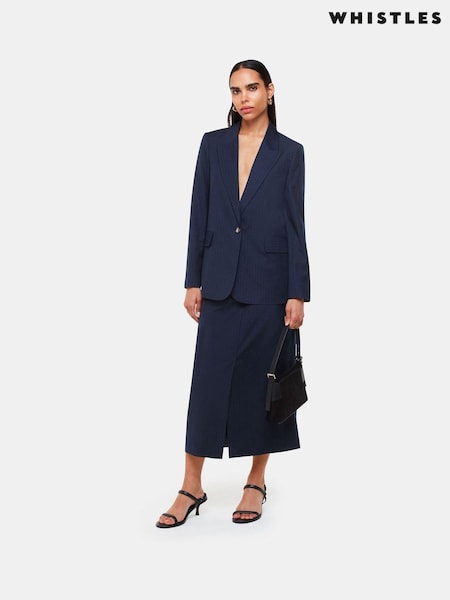 Whistles Blue Pinstripe Tailored Midi Skirt (E90098) | 390 LEI