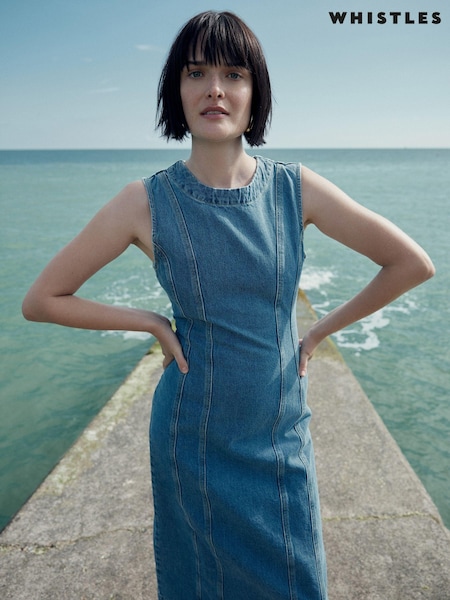 Whistles Blue Whistles Blue 100% Cotton Sleeveless Denim Midi Dress (E90103) | €83