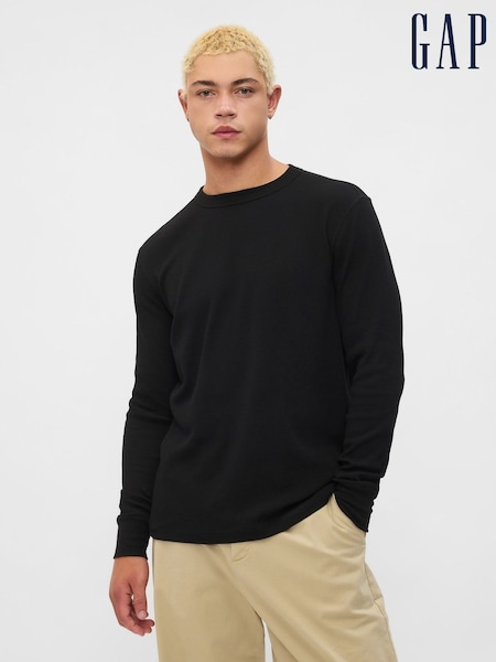 Gap Black Textured Waffle Knit Long Sleeve Crew Neck T-Shirt (E90179) | €21