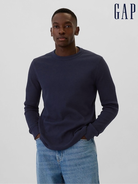 Gap Navy Blue Textured Waffle Knit Long Sleeve Crew Neck T-Shirt (E90182) | €21
