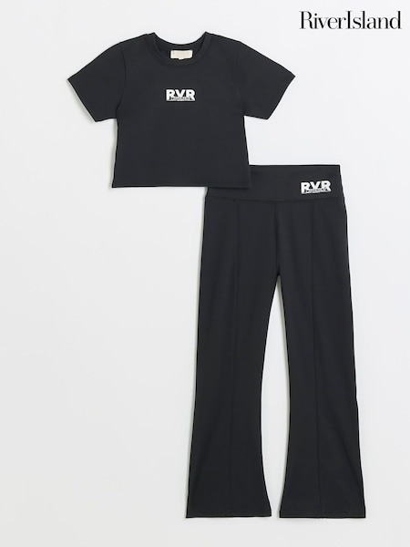 River Island Black Girls Active 100% Cotton Crop Top and Flare Set (E90269) | €31
