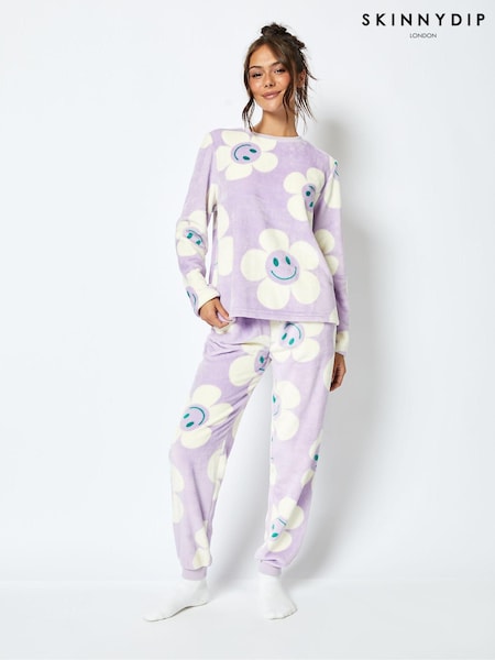 Happy Flower Fleece Pyjama Set in Lilac (E90412) | AED221
