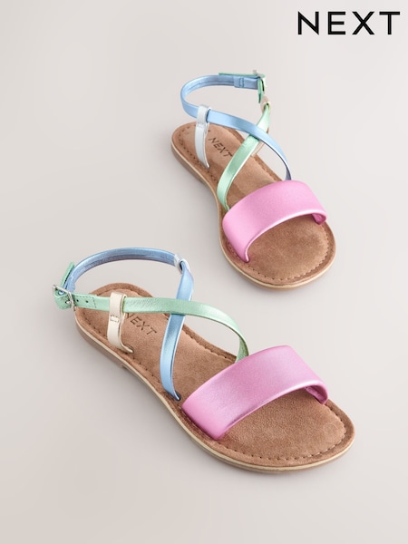 Rainbow Metallic Leather Strappy Buckle Fastening Sandals (E90522) | AED86 - AED122