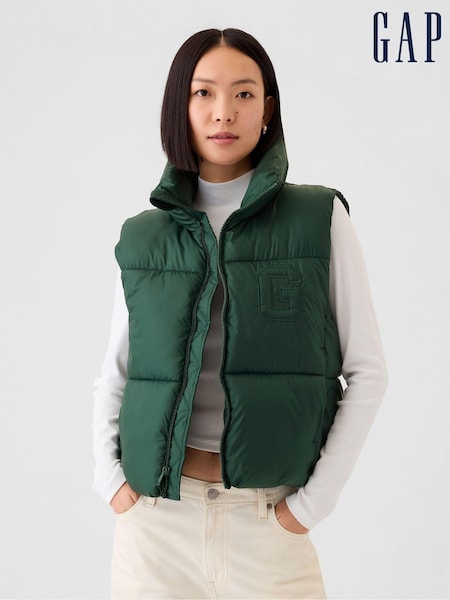 Зеленый хаки - Gap Logo Cropped Puffer Gilet Jacket (E90557) | €86