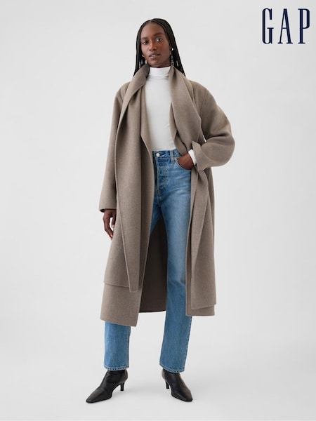 Gap Cool Brown Belted Double-Faced Wool Wrap Scarf Coat (E90596) | €268