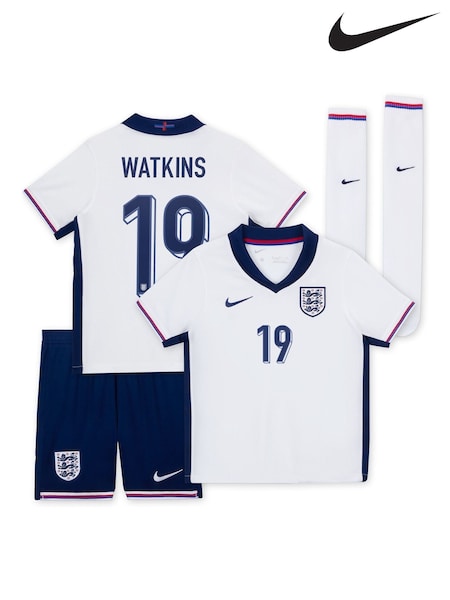 Nike White Watkins 19 Dri-FIT England Home Little Kids 3 Piece Football Kit (E91167) | €46