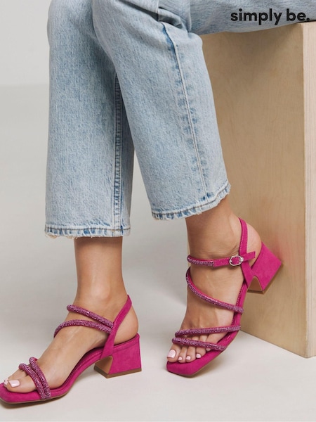 Simply Be Pink Extra Wide Fit Low Block Heel Diamante Strap Detail Sandals (E91282) | ₪161