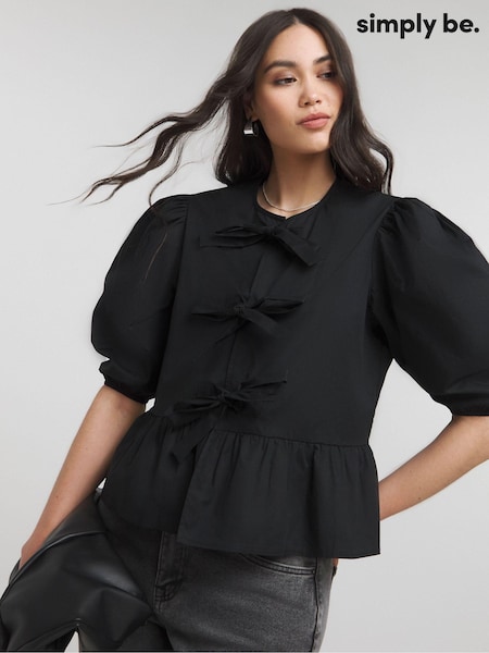 Simply Be Black Tie Front Puff Sleeve Blouse (E91285) | €25