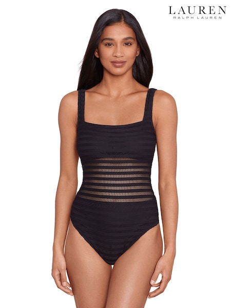 Lauren Ralph Lauren Square Neck Mesh Detail Black Swimsuit (E91339) | ₪1,006