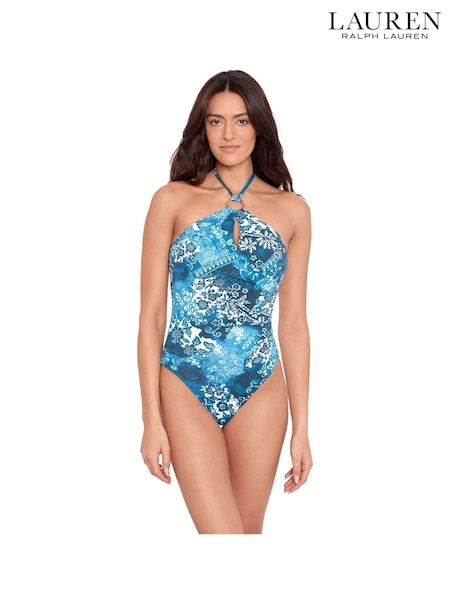 Lauren Ralph Lauren Blue Rattan Ring Halter Swimsuit (E91390) | AED579