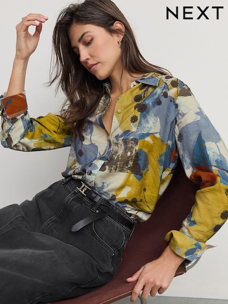 Abstract Blue Print Long Sleeve Button Down Shirt (E91615) | AED81