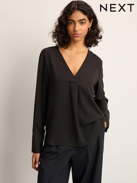 שחור - Relaxed Fit Long Sleeve Overhead V-neck Blouse (E91619) | ‏83‏₪