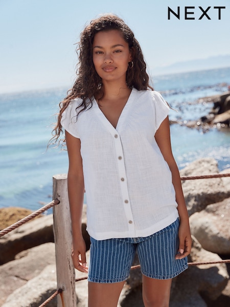 Valkoinen - Button Down Röyhelö Hihapusero Pellavalla (E91624) | €26