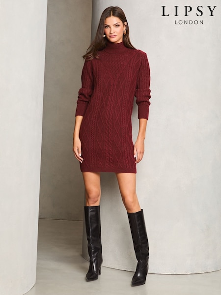 Lipsy Burgundy Red Cable Cowl Knitted Jumper Dress (E91721) | €34
