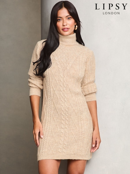 Lipsy Beige Petite Cable Cowl Knitted Jumper Dress (E91775) | R$ 545
