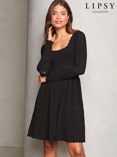 Lipsy Black Petite Long Sleeve Stitch Detail Lantern Knitted Dress (E91810) | €24