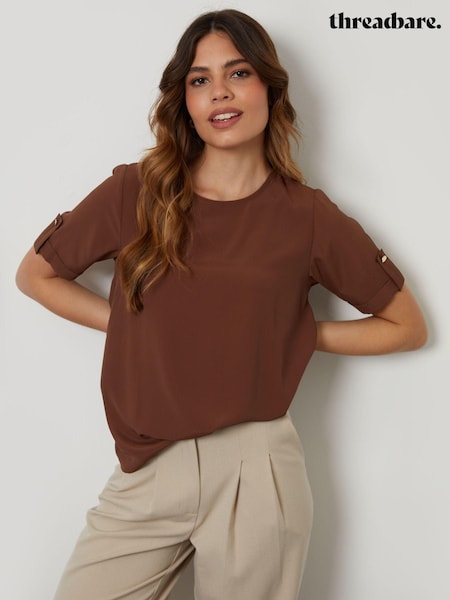 Threadbare Brown Print Turn Up Cuff Blouse (E91936) | €17