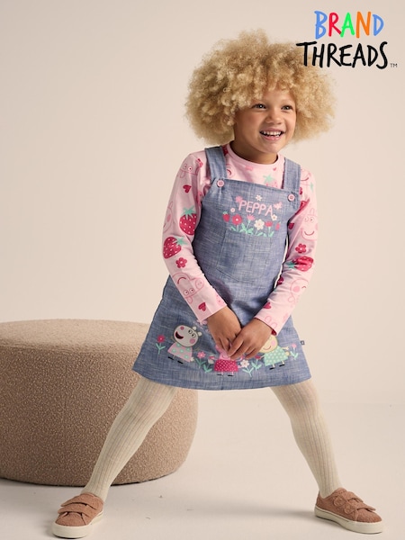 Brand Threads Pink Girls Peppa Pig Pinafore 100% Cotton Dress Set (E91953) | €29