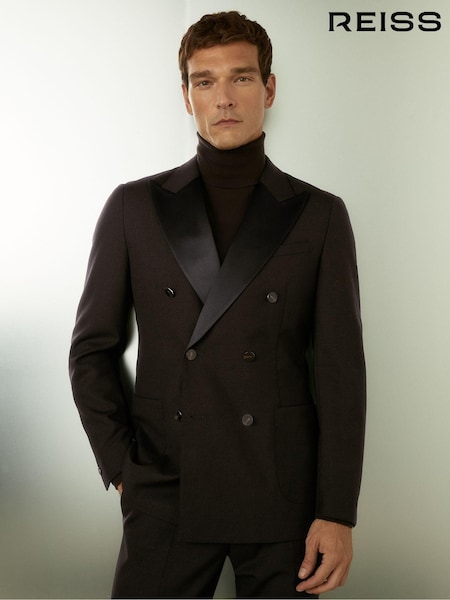 Reiss Brown Shadow Double-Breasted Tuxedo Jacket in Wool (E91963) | €499