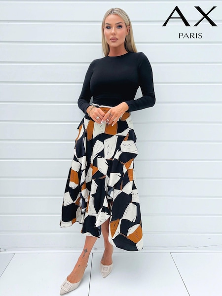 AX Paris Geometric Print 2 in 1 Long Sleeve Double Frill Split Black Midi Dress (E91967) | €36