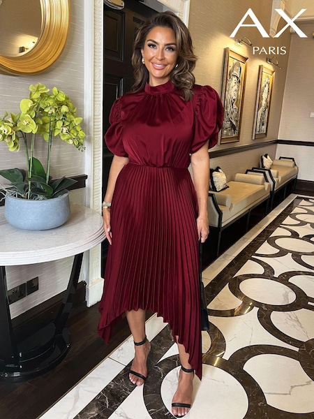 AX Paris High Neck Puff Sleeve Zig Zag Hem Pleated Midi Dress (E91968) | 190 QAR