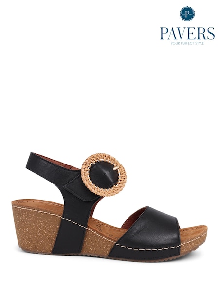 Pavers Black Leather Wedge Sandals (E92277) | €58