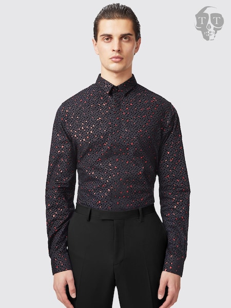 Twisted Tailor Slim Fit Farrow 100% Cotton Shirt With Black and Red Spot Print (E92321) | 208 LEI